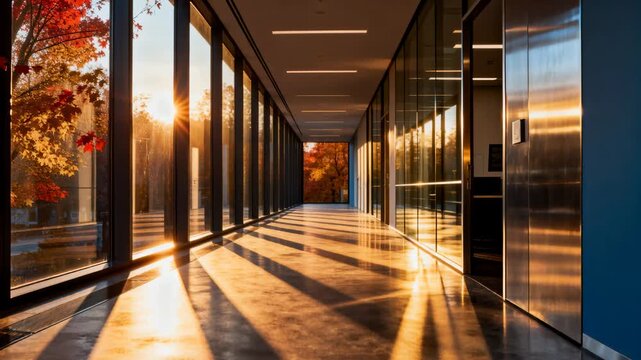 Empty corridor showcasing interior, low sun shifting, casting moving shadows and lens flares