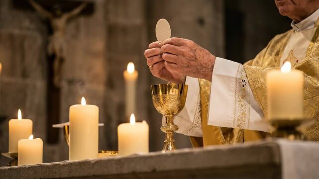 Priest holding host and chalice during holy communion mass. Celebration of catholic liturgy in church with candles. Eucharist ritual by man, faith religion.