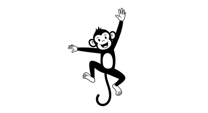 Monkey jumping with arms raised high.