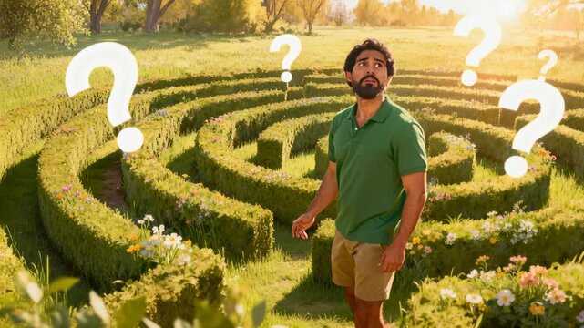 Arriving man in green polo testing paths, seeking exit in hedge maze with floating question-marks