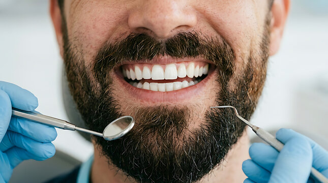 Close-up of a smiling man with a beard getting a dental examination with a mirror and probe by a gloved dentist.