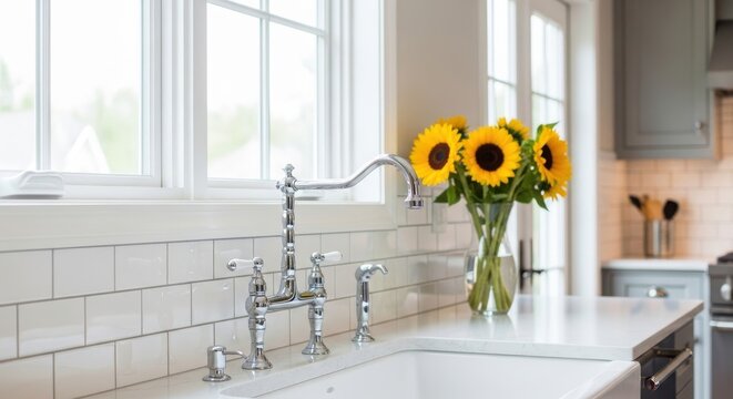 Gleaming Chrome Faucet and Sunny Sunflower Bouquet on a Subway Tile Backsplash in a Bright Kitchen