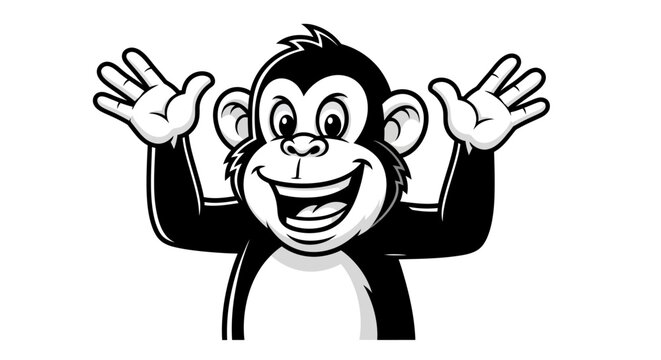 Smiling cartoon monkey with hands up.