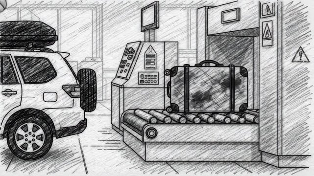 Whiteboard animation of traveler placing suitcase on conveyor belt for border security inspection, baggage screening process during travel, customs control and checkpoint procedures concept