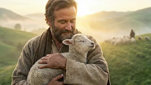 Man dressed as shepherd holding an innocent lamb in a field. Biblical figure caring for animal as a symbol of spiritual love during sunrise in rural landscape.