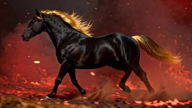 Running black horse galloping across ember-strewn ground, streaming golden mane and kicking flames