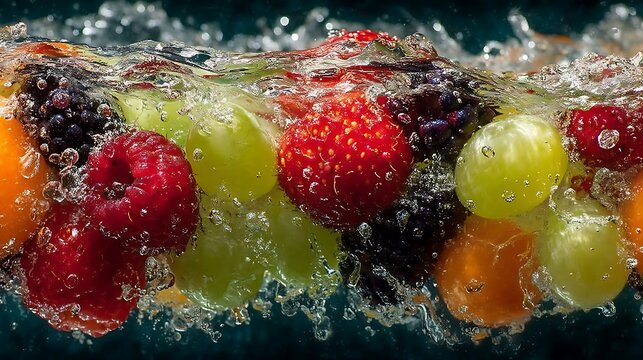 Vibrant medley of fresh berries, grapes, and citrus fruits dynamically submerged in a crystal-clear water splash, creating a refreshing and healthy visual display