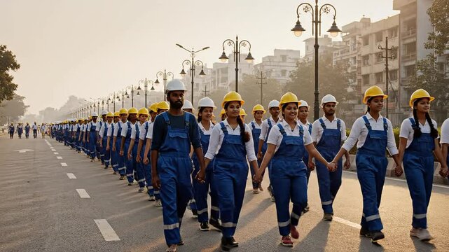 Diverse group of industrial workers walking in solidarity on an urban street during a labour day parade.