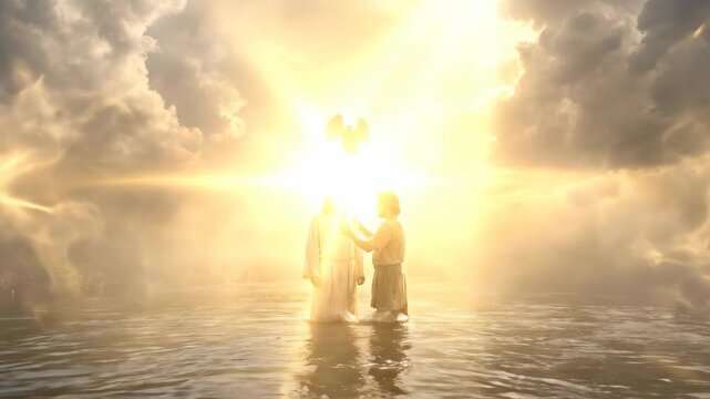 Jesus baptism in the river Jordan performed by John the baptist under open heaven. Religious biblical scene with divine light and holy spirit dove descent.