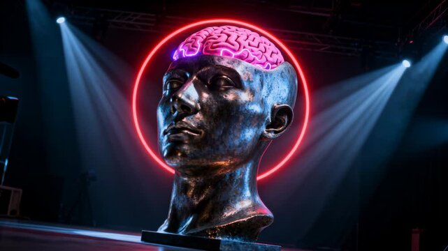 Moving camera dolly framing metallic human head bust on dark stage, emphasizing neon brain halo