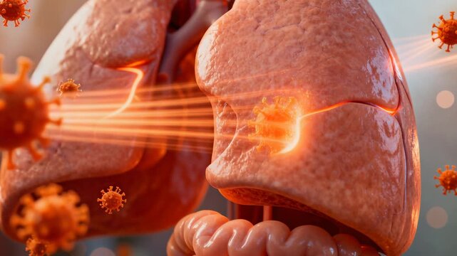 Animating lungs showing orange viruses moving toward lungs in studio, trachea and intestines