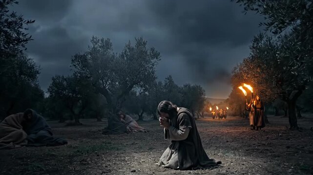 Man dressed as Jesus praying in Gethsemane garden at night. Biblical scene showing spiritual devotion during suffering. Religious faith, sorrow, and light hope.