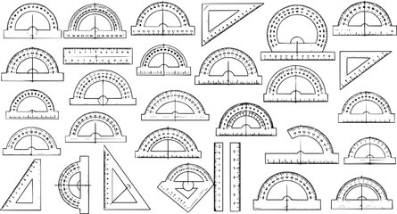 Hand-drawn sketch collection of drafting tools for geometry and measurement, including protractors, rulers, and set squares, useful for education, engineering, and architecture designs