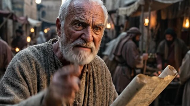 Elderly man as prophet reading scroll in marketplace. Religious teacher speaking with authority. Biblical historical figure preaching in ancient city street setting.