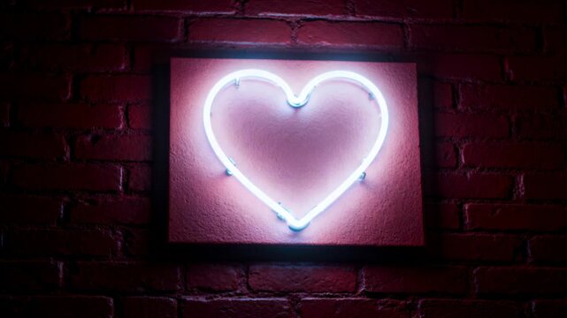 Pulsing heart neon sign on backing plate, sending cool halo onto brick wall as power fluctuates