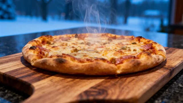 Steaming freshly baked Neapolitan pizza cooling on granite counter by window, wooden peel visible