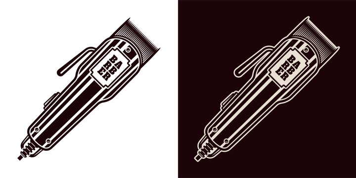 Retro electric hair clippers in two styles. Monochrome vector illustration ideal for barber shop logos, grooming equipment graphics and vintage style branding