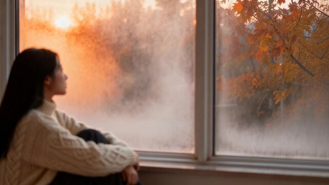 Following sun woman in sweater gazing toward fogged window with orange foliage on sill, copy space