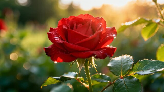 Sunlight hitting red garden rose bloom, making dew drops sparkle, breeze stirring thorns