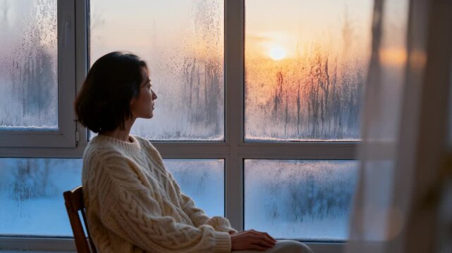 Woman sitting gazing low sun breaking fogged window causing animated rays meeting gaze for wellness