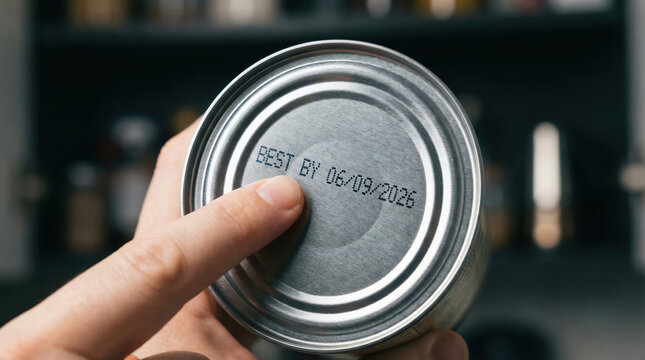 A person holds a metal can in their hand, pointing at the best by date stamped on the bottom. The scene shows a kitchen with various items in the background