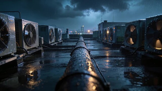 Vertical video: Rain starting, pipe gleaming while camera tracking forward, revealing wet roof mood
