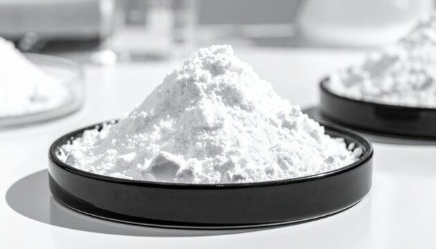 A neatly piled mound of brilliant white crystalline calcium carbonate powder showcased within a sleek black analysis dish, emphasizing scientific purity and research.