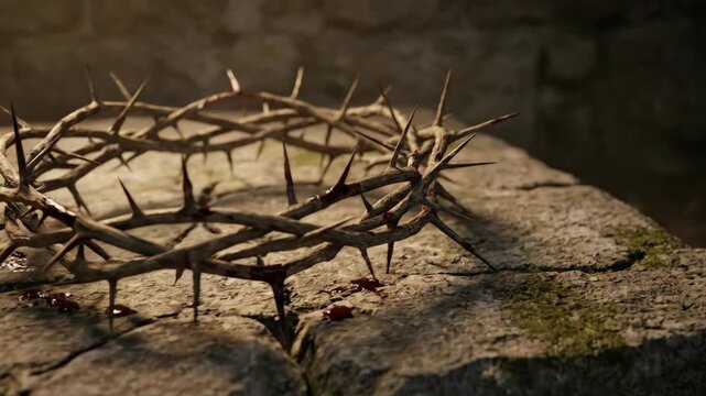 Crown of thorns resting on stone altar. Symbol of sacrifice and suffering during Easter. Religious relic of Jesus for Christian faith and prayer contemplation.