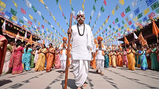 Elderly indian man leading a traditional cultural procession through a decorated street filled with a large community celebrating a festival.