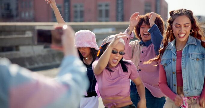 Dance crew, women and happy with hip hop for recording, content creation and performance for social media. Outdoor, friends and videographer with dancers for practice, talent and energy for movement