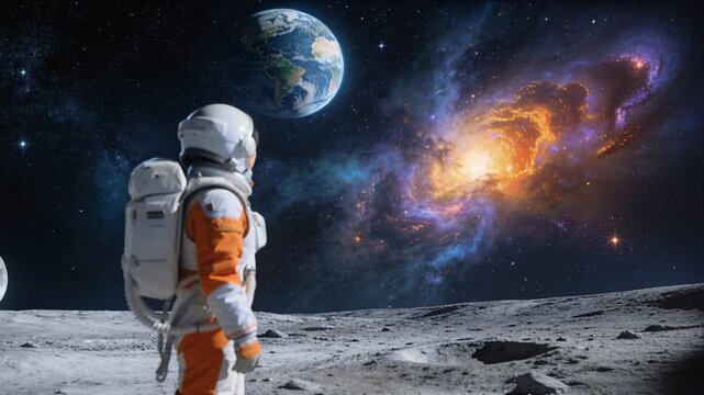 Astronaut seeing nebula and Earth, rotating torso turning head, surveying lunar pack for tech ops