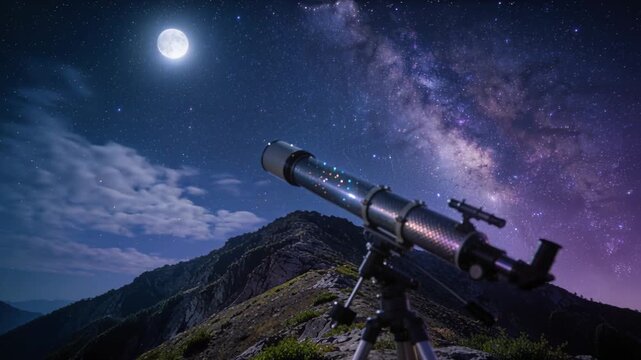 Capturing refractor telescope on tripod on ridge as full moon appearing, recording Milky Way