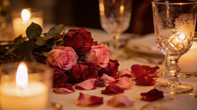 Drifting red petal detaching from bouquet and floating toward white table, with candle and goblet