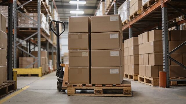 Camera tightening and pallet jack sliding under loaded pallet, centering boxes in warehouse aisle
