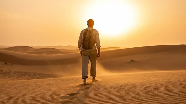 Man walking barefoot across desert dunes at sunset. Pilgrim traveling through wilderness. Concept of spiritual journey, solitude, faith, and divine searching.