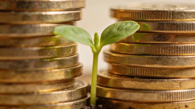 Seedling growing between coin stacks on tabletop, soft light and soil enabling financial growth