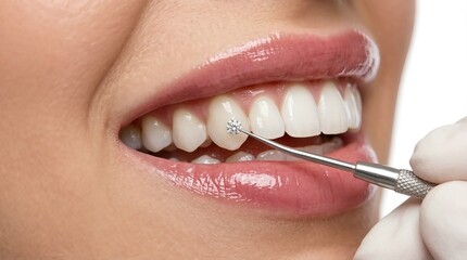 Naklejka premium close up of beautiful female smile and dental explorer tool