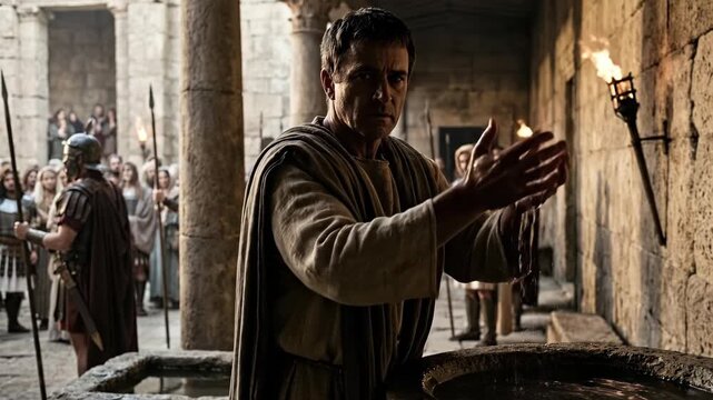 Pontius Pilate washing hand in basin. Ancient judge performing ritual cleansing surrounded by roman legionnaire and crowd. Biblical scene of justice and decision.