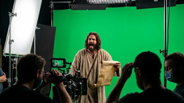 Actor portraying Jesus Christ holds scroll while filming on movie set. Caucasian man in biblical robe performs drama production with green screen background studio.
