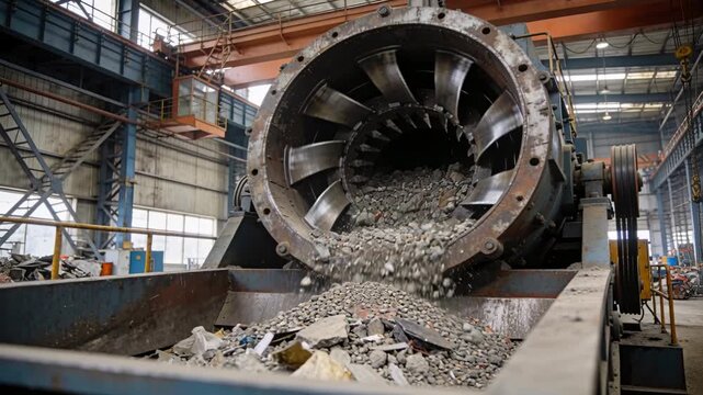 Rotating drum crusher releasing rubble onto conveyor in recycling plant, pulleys spinning