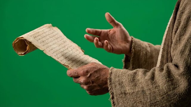 Jesus reading ancient parchment scroll while teaching with hand gestures. Biblical prophet holding holy scripture message. Religious history and faith preaching.