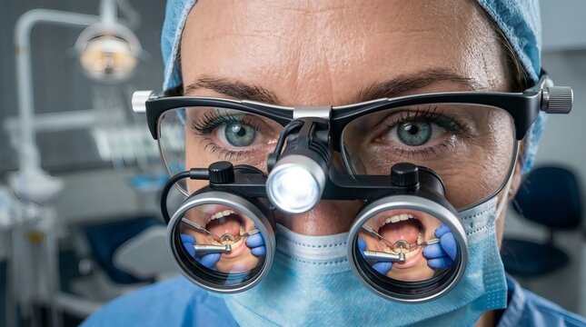 close up portrait of dentist wearing surgical magnification loupes