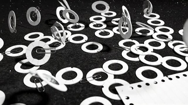 Rising ring grommets with clips spinning, spreading after jolt on mat, sprocket strip lower-right
