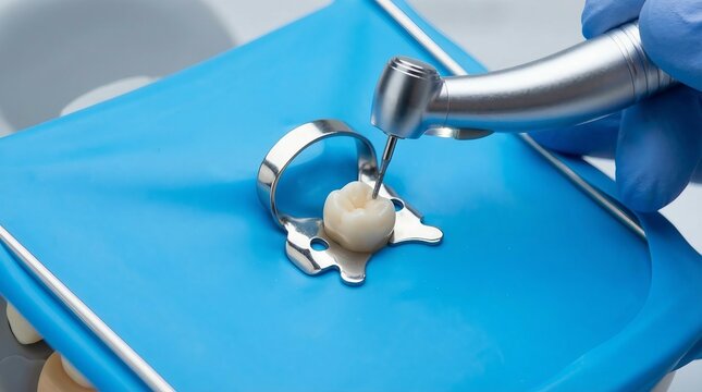 dental drill removing decay on tooth isolated with rubber dam