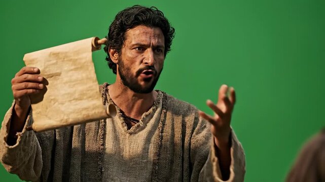 Man dressed as Jesus preaching with an ancient parchment scroll against green screen. Biblical prophet speaks to followers in religious film production set scene.