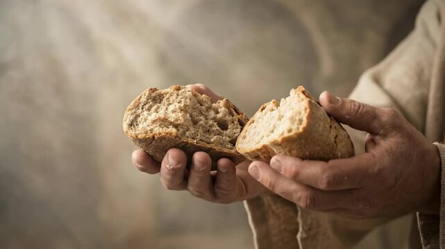 Man representing Jesus breaks loaf of bread. Biblical scene of breaking bread for holy communion. Religion and catholic faith tradition in historical costume.