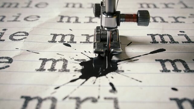 Stitching presser foot and needle punching lined paper at worktable, with black ink blot and mri