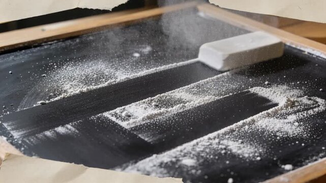 Vertical video: Chalk block hand-dragging across slate releasing dust and making two lines for art