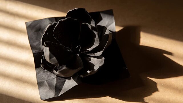Opening black paper rosette on square base on brown table, from blind bands lifting petals right