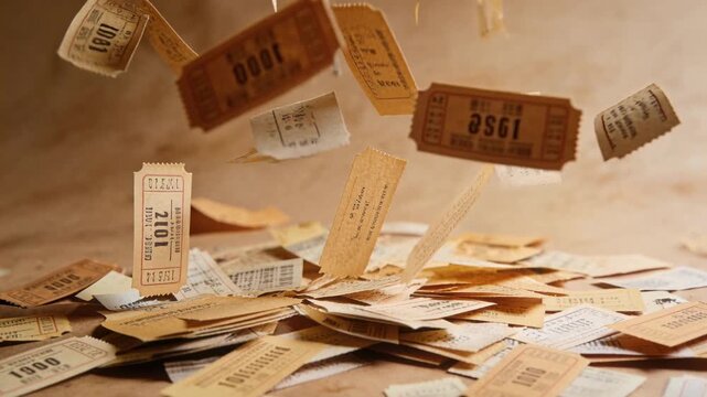 Fluttering after slight gust, vintage ticket stubs spiraling on tabletop forming pile with serials